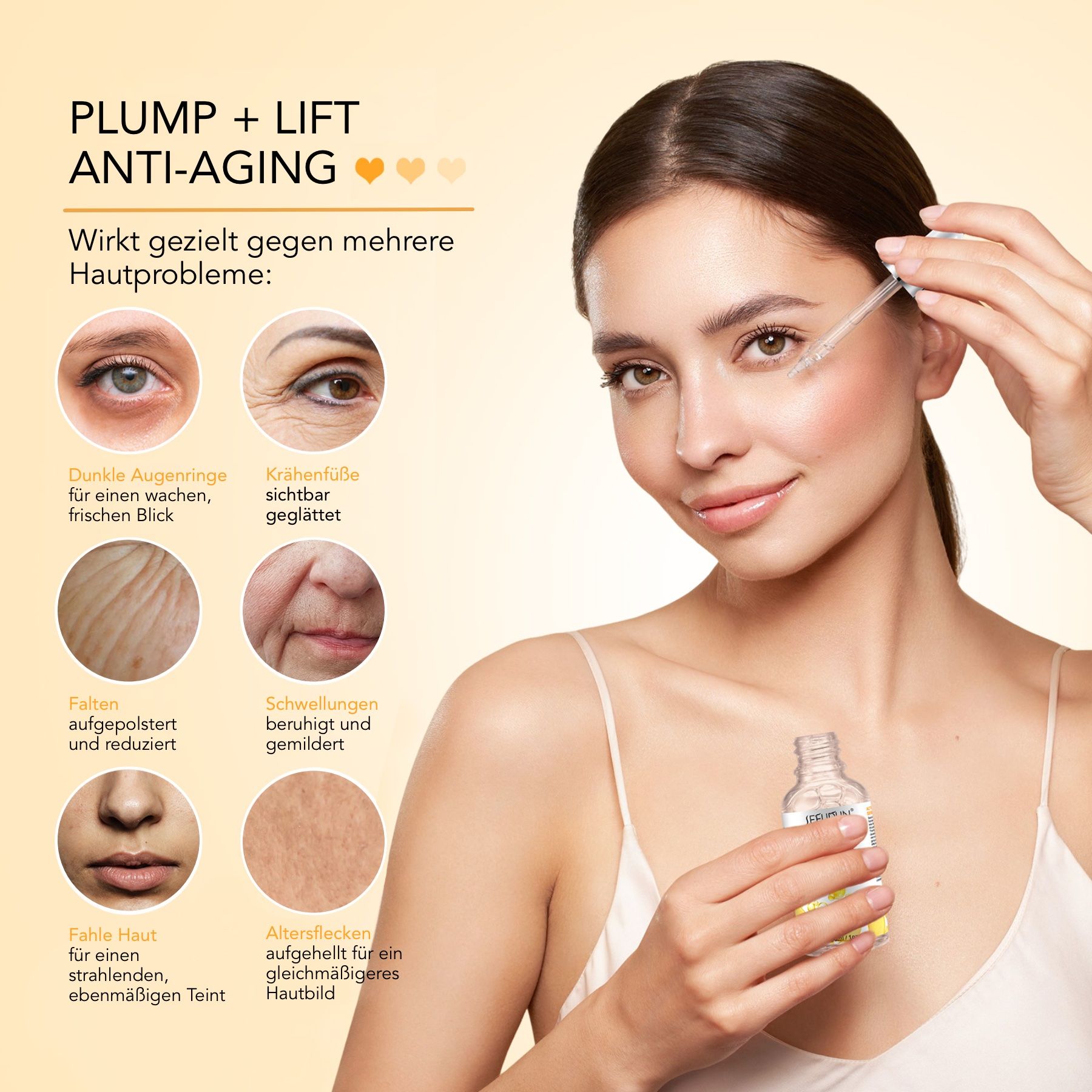 Donna con viso. Applicazione del siero. Immagini mostrano problemi della pelle. Testo: Anti-età.