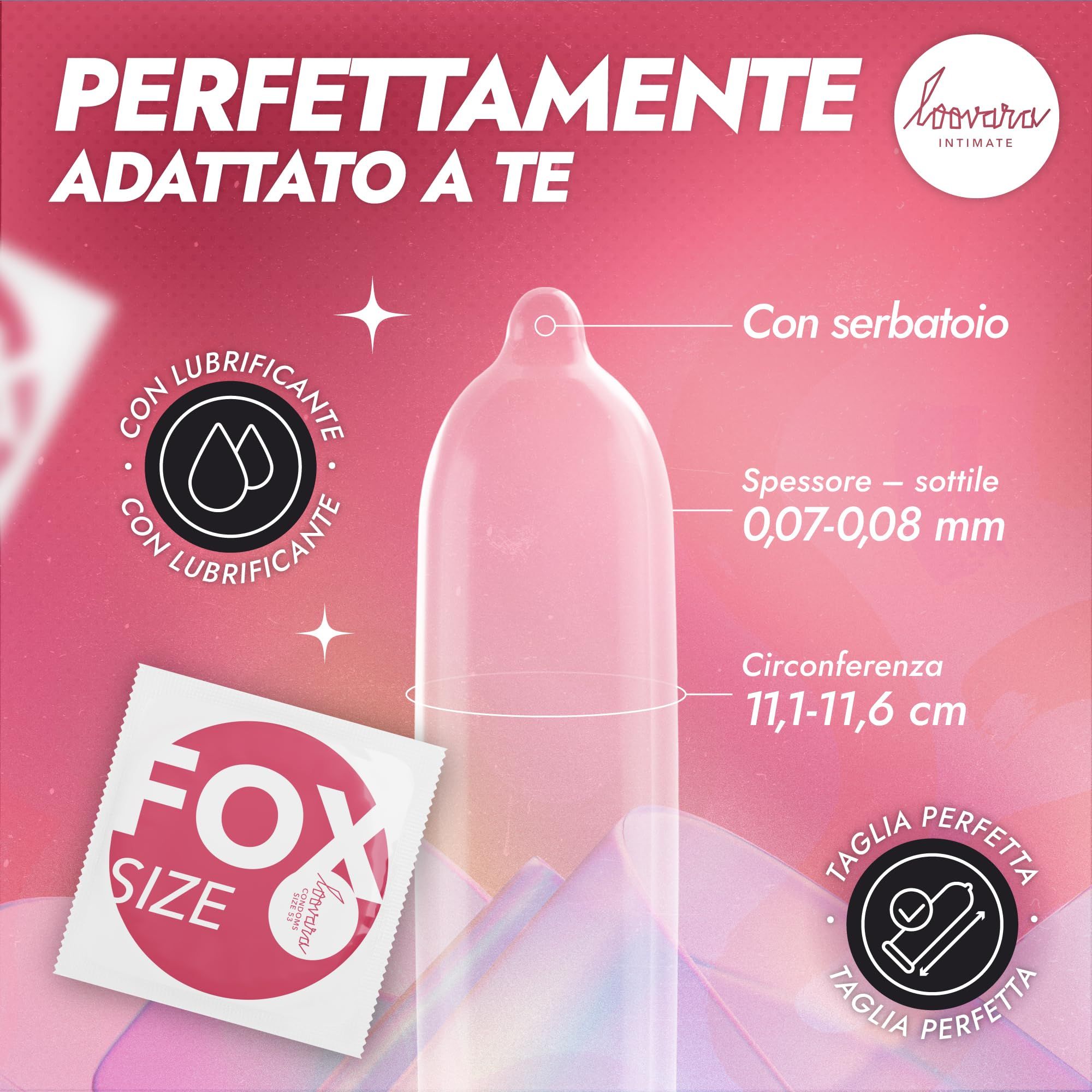 Preservativo Loovara con serbatoio, sottile, 0,07-0,08 mm, circonferenza 11,1-11,6 cm.