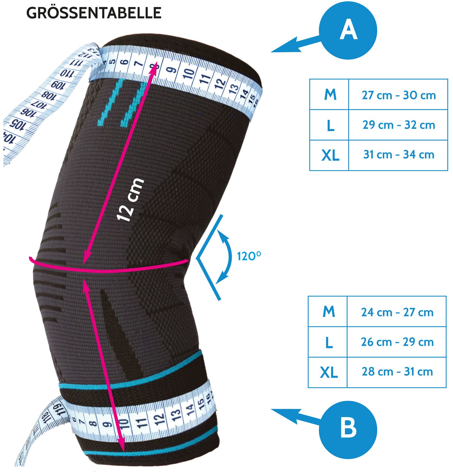 Tabella taglie per tutore per gomito. Misure in cm: M (27-30/24-27), L (29-32/26-29), XL (31-34/28-31). Angolo: 120°. Tutore illustrato.