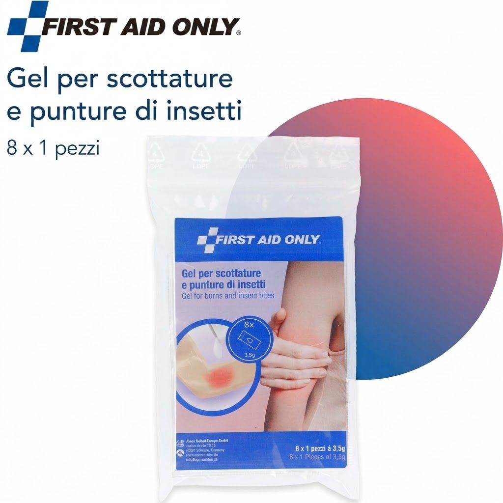 Confezione da 8 bustine di gel per ustioni e punture di insetti. Marchio: FIRST AID ONLY. Illustrazione: Braccio bruciato.