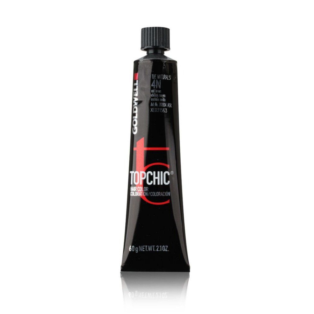 Tubo Goldwell Topchic 4-N. Tubo nero con tappo nero. Testo: 4N, castano medio, 60g. Campione di colore.