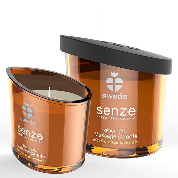 Due candele da massaggio. Scritta: swede, senze, Seduction, Massage Candle, Clove Orange Lavender. Una con coperchio, una senza.