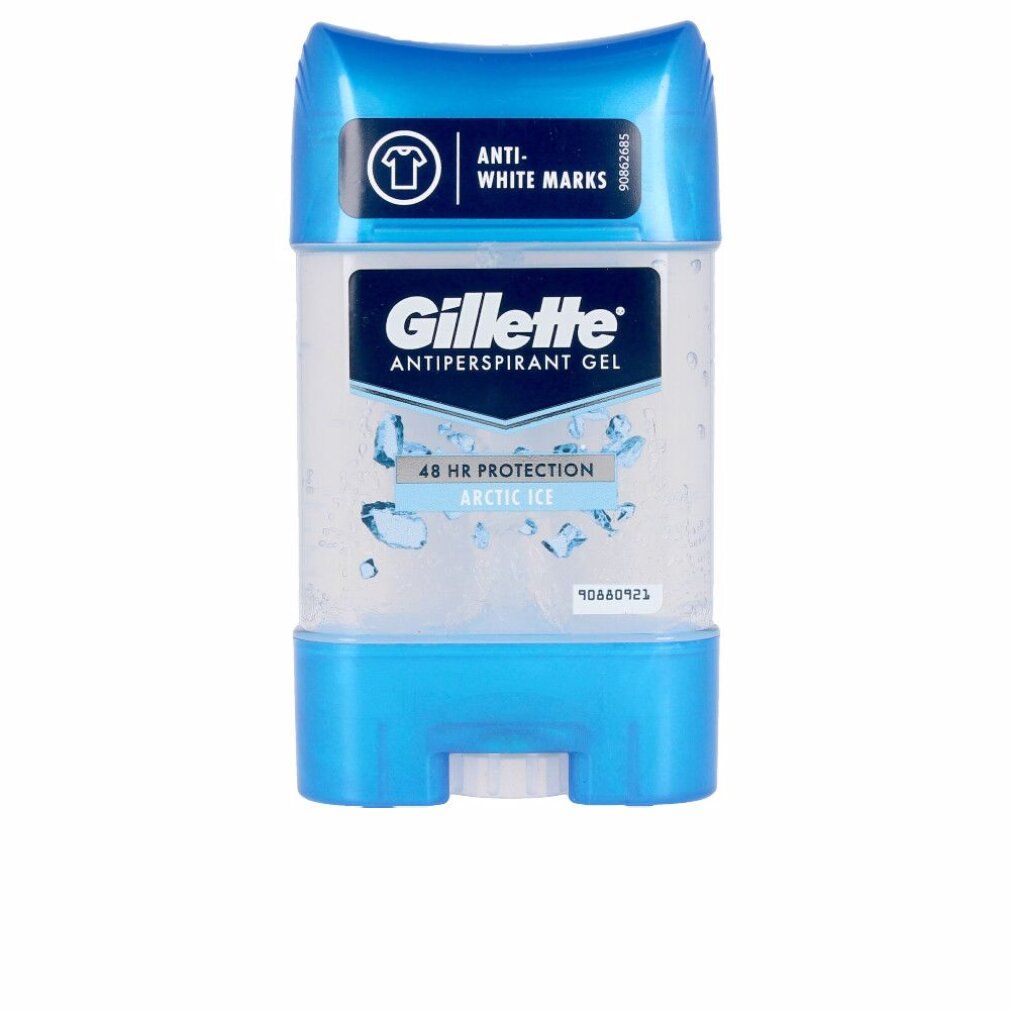 Gel deodorante con coperchio e base blu. Scritta: Gillette, Antitraspirante Gel, Arctic Ice. Anti-White Marks.