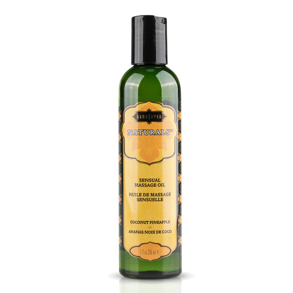 Flacone verde con tappo nero. Etichetta Kamasutra Naturals, Sensual Massage Oil, Cocco Ananas.