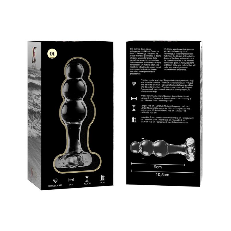 Plug anale in vetro trasparente, tre sfere, base larga. Lunghezza 10,5 cm, larghezza 3 cm.
