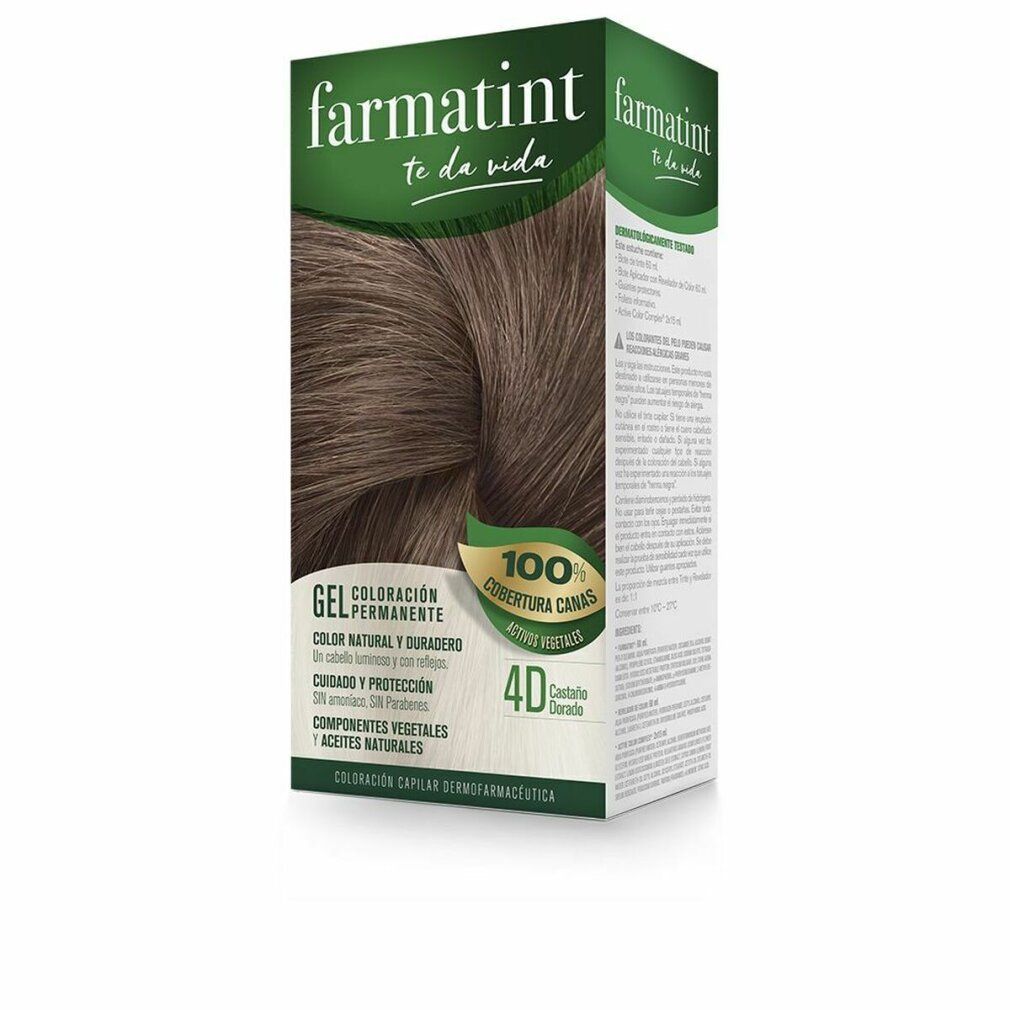 Confezione Farmatint Gel Coloración Permanente. Immagine del prodotto e testo. Tonalità 4D Castaño Dorado. Copertura 100% capelli bianchi.