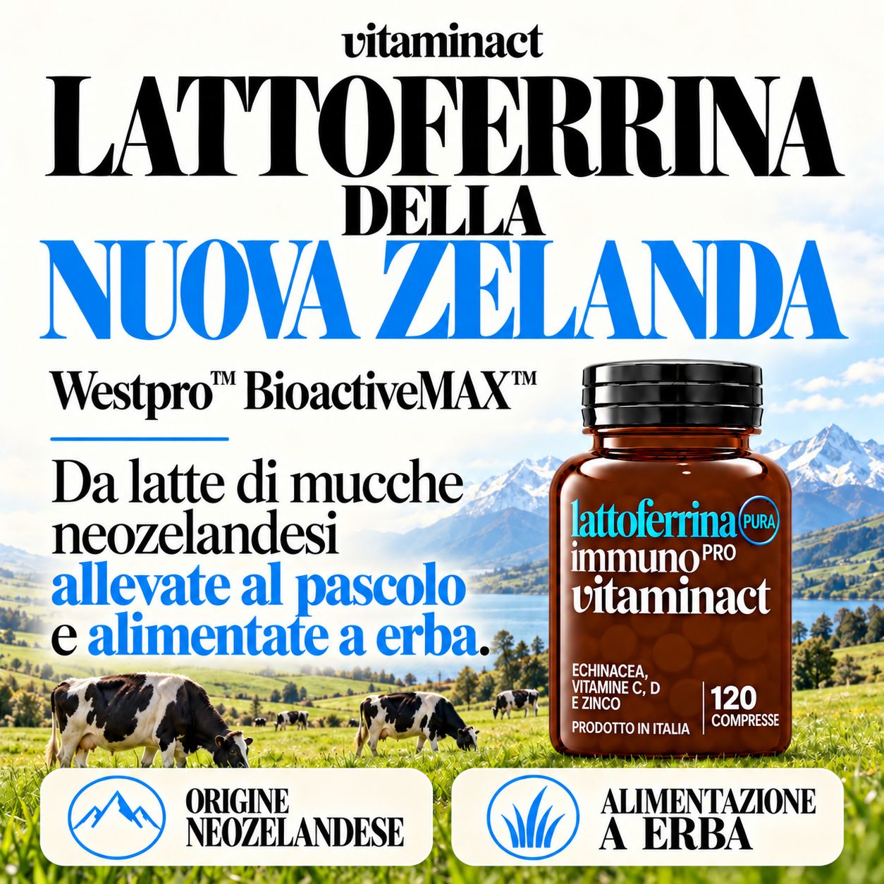 Flacone di Lactoferrin Immuno Pro di Vitaminact, 120 compresse.