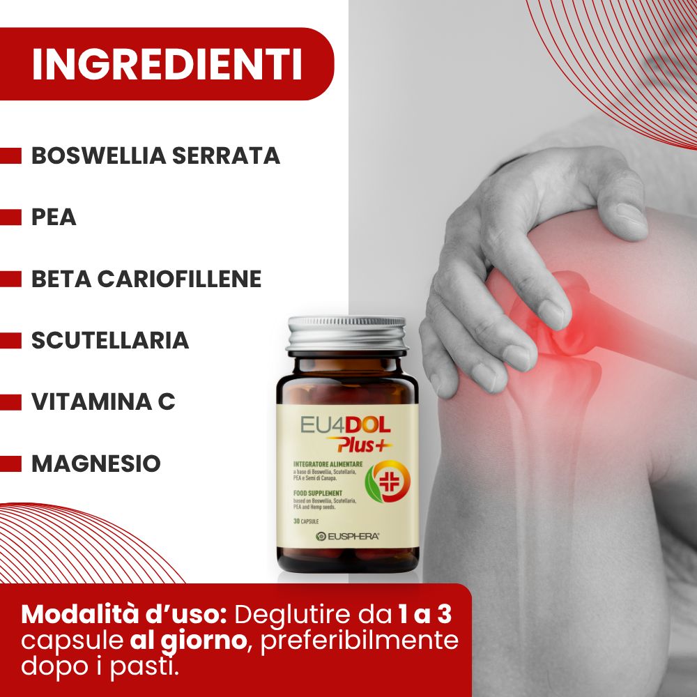Ingredienti: Boswellia, PEA, Beta-Cariofillene, Scutellaria, Vitamina C, Magnesio. Flacone EU4DOL Plus+.