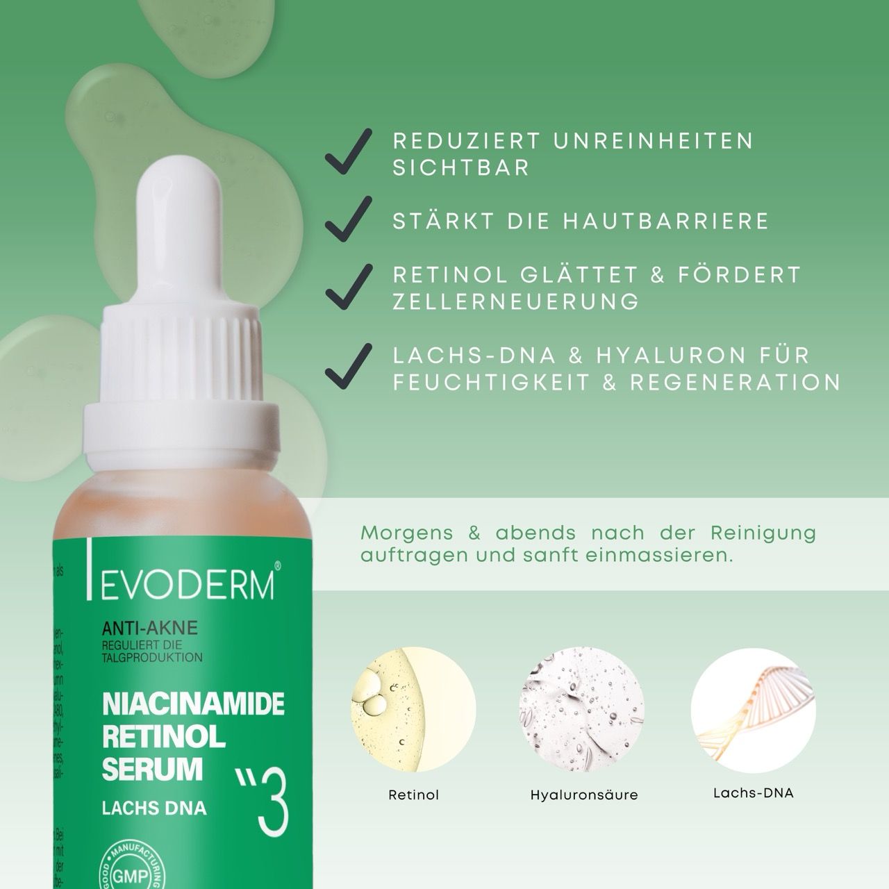Siero con pipetta. Testo: Siero Niacinamide Retinolo. Ingredienti: retinolo, acido ialuronico, DNA di salmone.