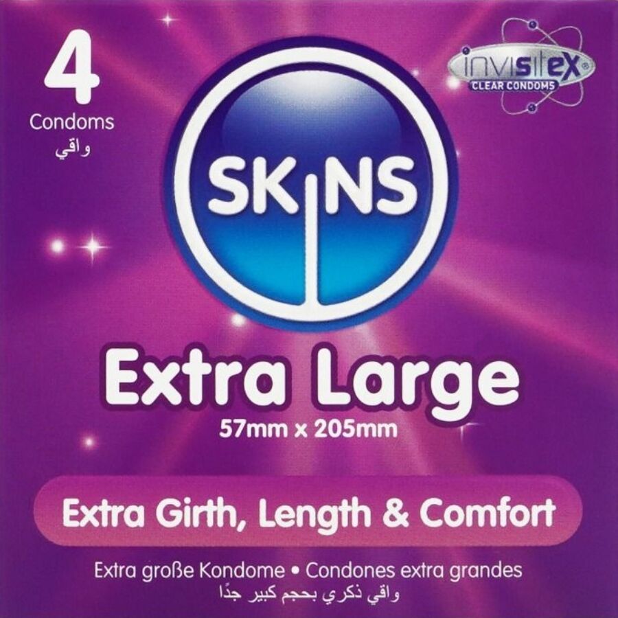 Confezione da 4 preservativi Skins Extra Large. Extra Girth, Length & Comfort.