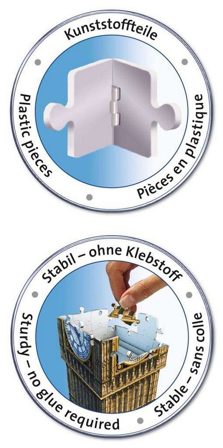 Due cerchi con pezzi di puzzle e testo. Sopra: pezzi di plastica, sotto: stabile - senza colla. Testi multilingue.