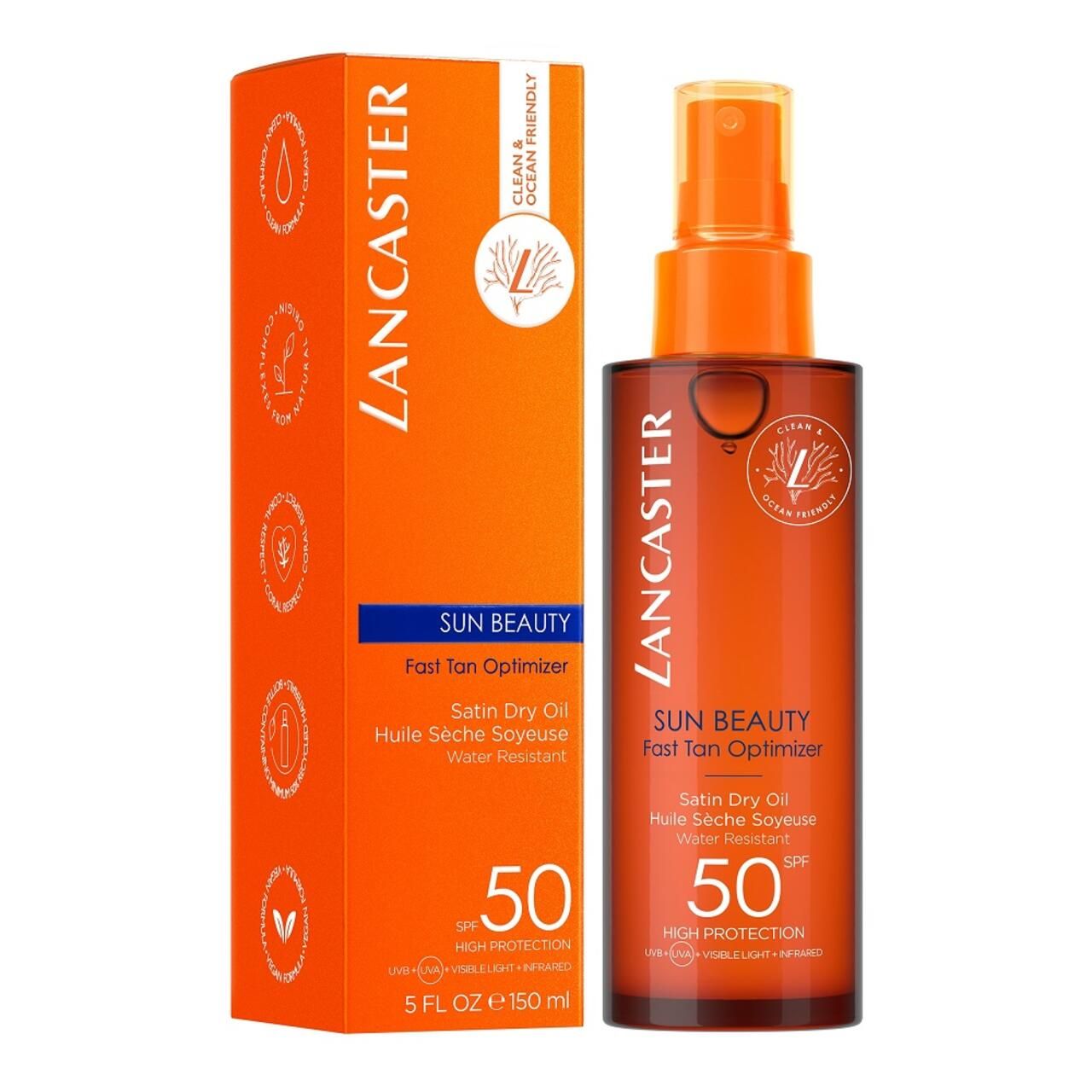 Lancaster Sun Beauty Dry Oil SPF50. Flacone e confezione. Scritta: Sun Beauty, Fast Tan Optimizer, Satin Dry Oil, 50 SPF, 5 FL OZ 150 ml.