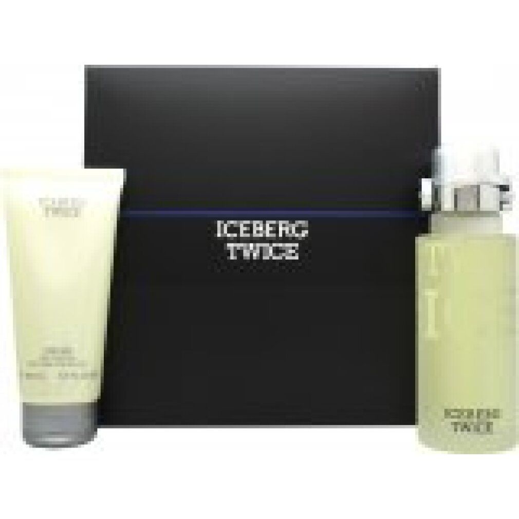 Set regalo con gel doccia e flacone. Confezione nera con striscia blu e scritta ICEBERG TWICE.