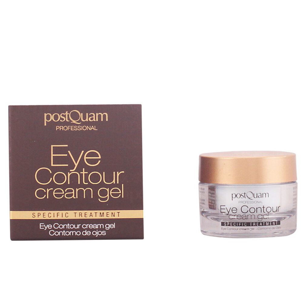 Confezione marrone e vasetto. Sulla confezione si legge "Postquam Professional Eye Contour cream gel". Il vasetto ha un coperchio dorato.