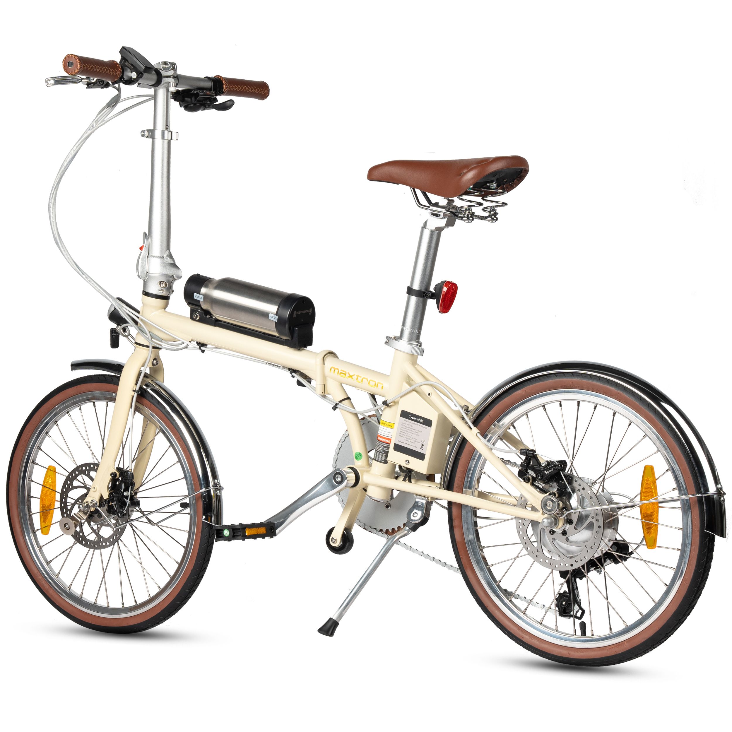 E-bike beige con pneumatici e sella marroni. Visibili: motore, batteria, parafanghi, freni. Scritta: Maxtron.