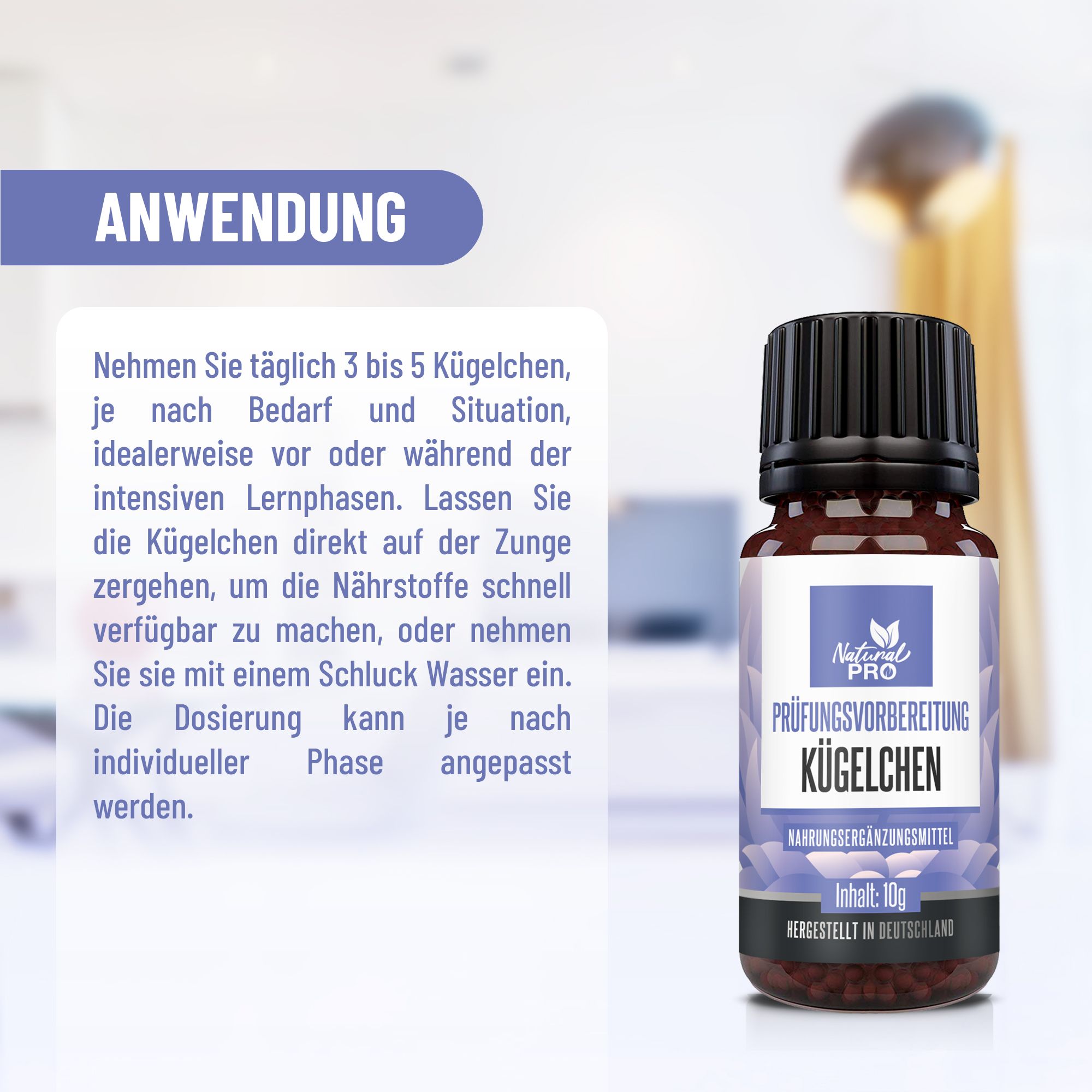 Flacone di granuli. Scritta: Natural Pro, Prüfungsvorbereitung Kügelchen. Uso: 3-5 granuli al giorno. Contenuto: 10g. Prodotto in Germania.