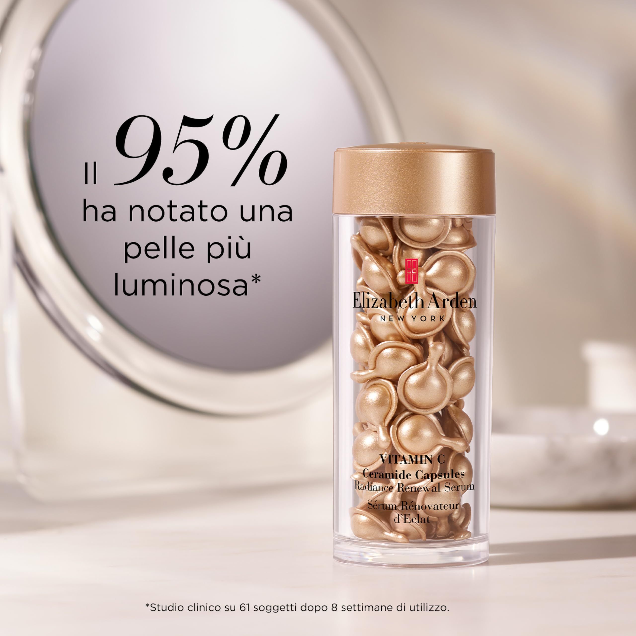 Contenitore di capsule di vitamina C Ceramide. Testo: Il 95% ha notato una pelle più luminosa.