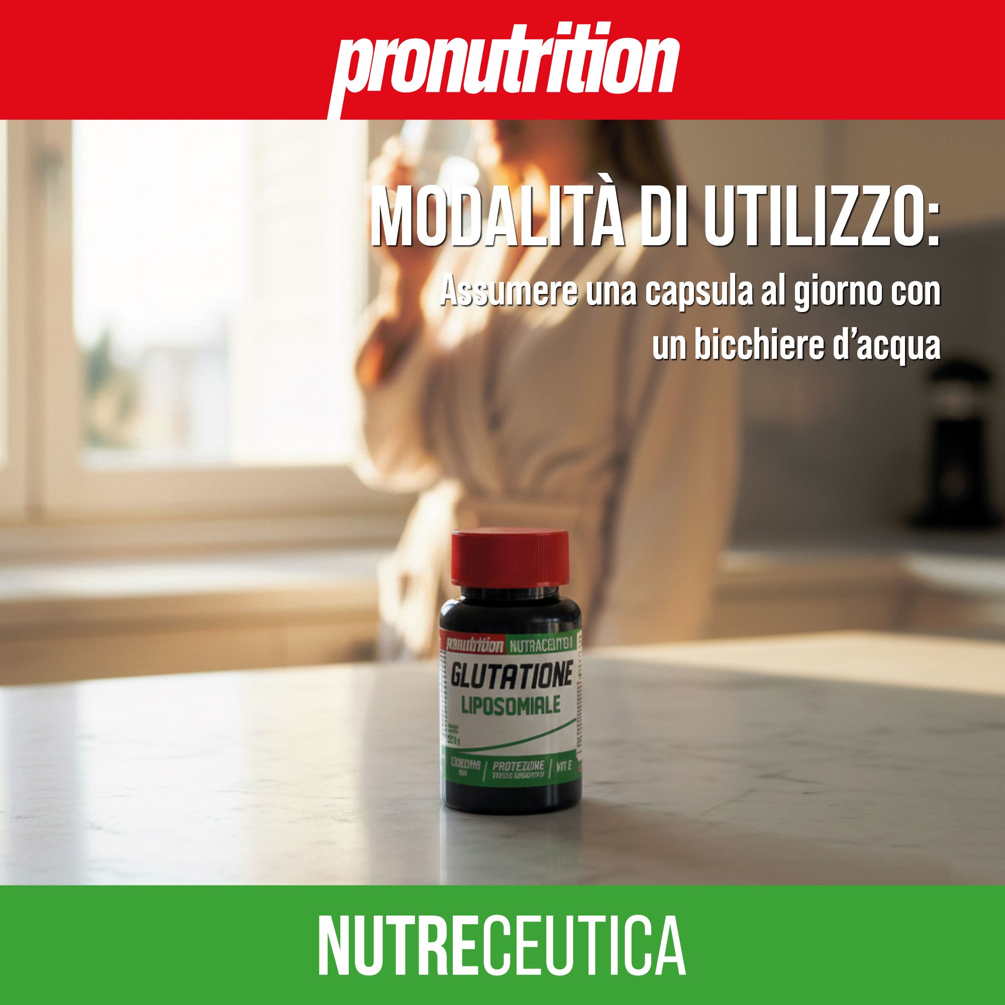 Flacone nero con tappo rosso. Scritta: GLUTATIONE LIPOSOMIALE. Testo: MODALITÀ DI UTILIZZO: Assumere una capsula al giorno con un bicchiere d'acqua.
