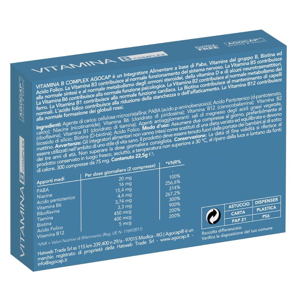 Retro della confezione di Vitamina B Complex. Contiene informazioni sugli ingredienti e i valori nutrizionali.