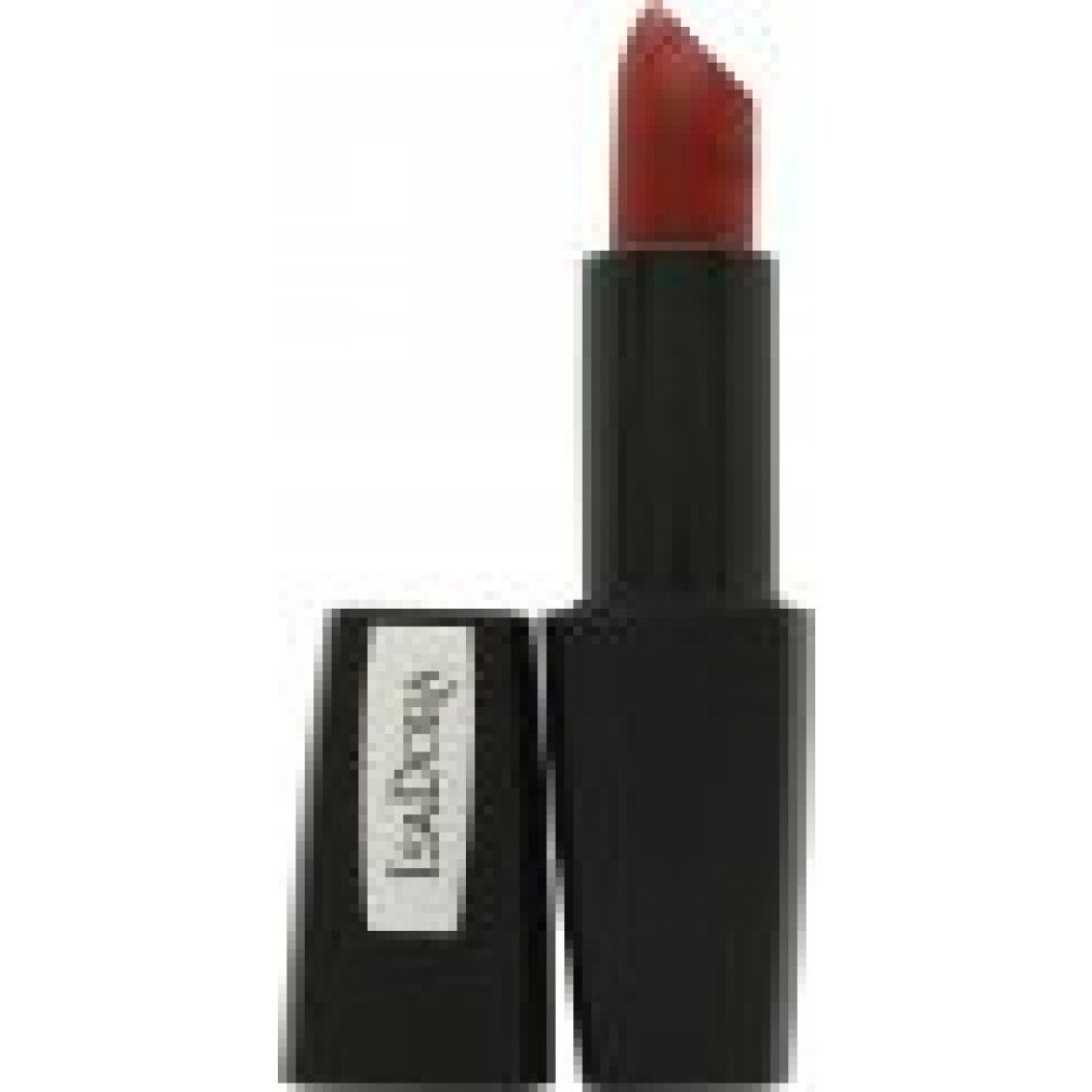 Rossetto IsaDora Perfect Matt. Contenitore nero con cappuccio aperto. Stick di rossetto rosso visibile. Marchio IsaDora sul cappuccio.