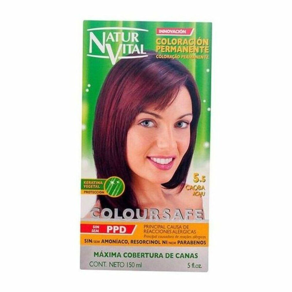 Confezione di Naturaleza y Vida Coloursafe Permanente 5.5 Caoba. Immagine di donna con capelli rosso-castano. Testo: PPD, Coloursafe.