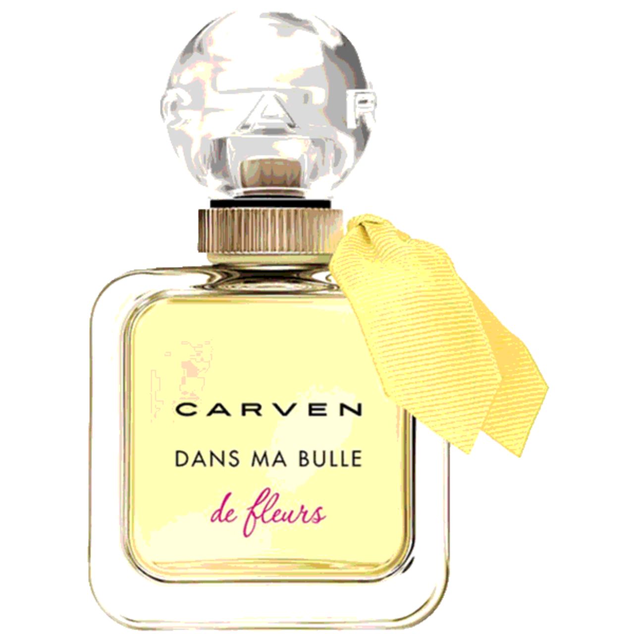 Flacone quadrato in vetro con liquido giallo. Scritta: CARVEN, DANS MA BULLE de fleurs. Fiocco giallo sul collo.
