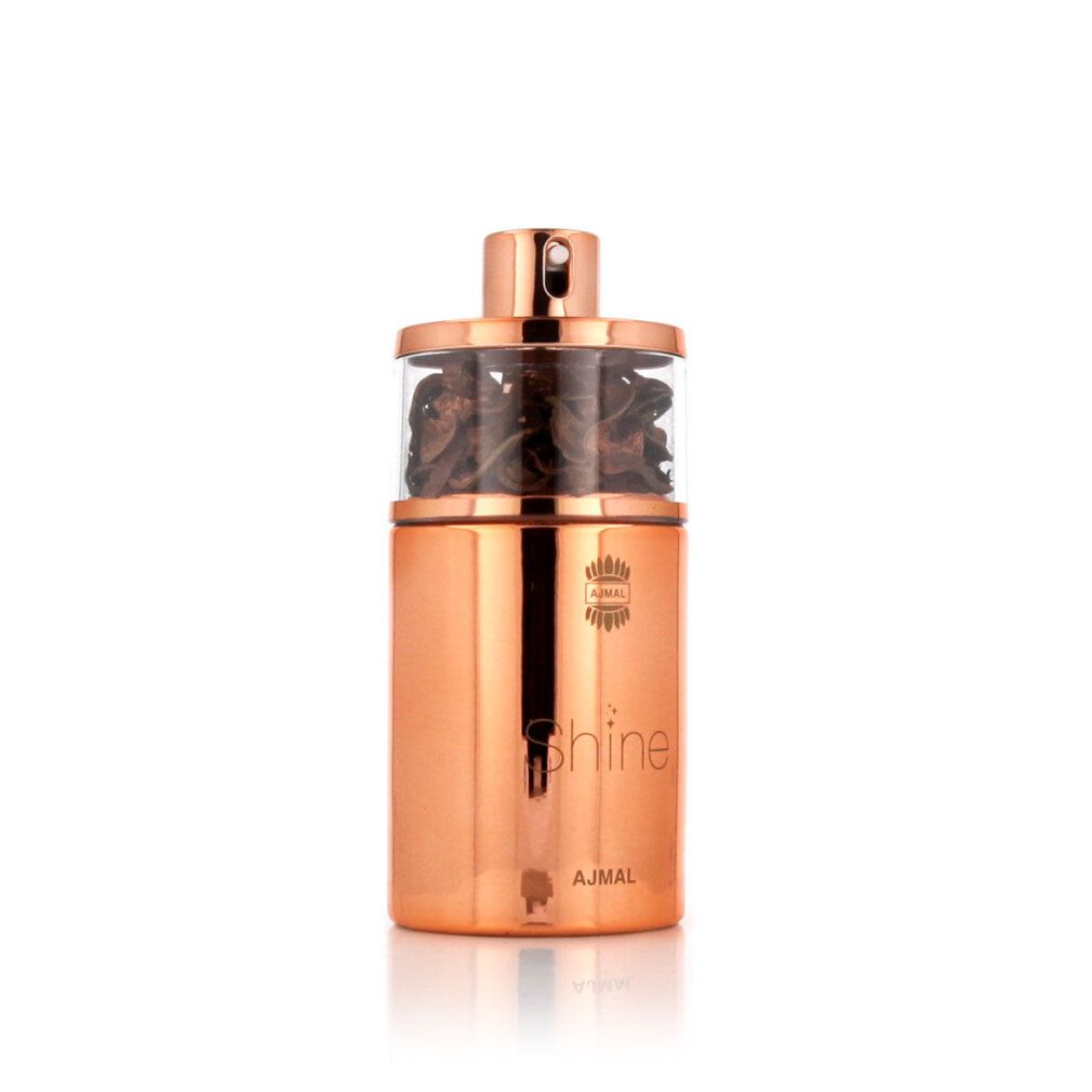 Flacone di profumo color rame con parte superiore in vetro. Scritta "Shine" e marchio Ajmal. Su sfondo bianco.
