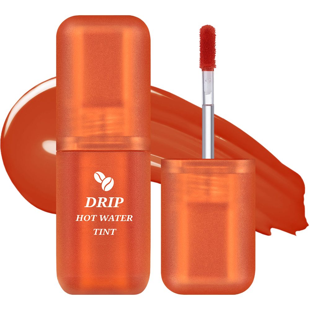 Tinta labbra arancione con applicatore. Scritta: Drip Hot Water Tint. Macchia di colore accanto.