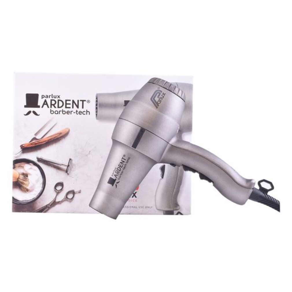 Asciugacapelli argentato con confezione. Marchio: Parlux Ardent barber-tech. Accessori sulla confezione.