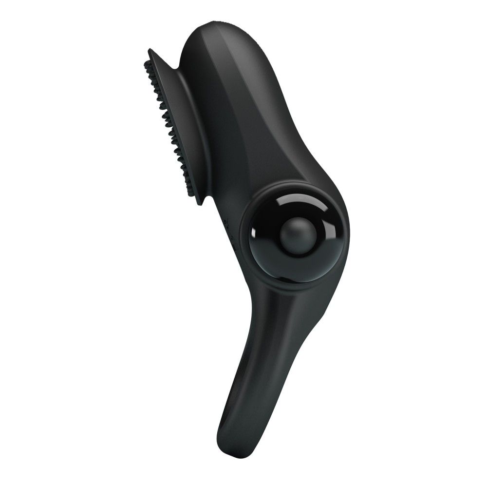 Anello penieno nero con anello, testina vibrante e rilievi. Marchio CE.