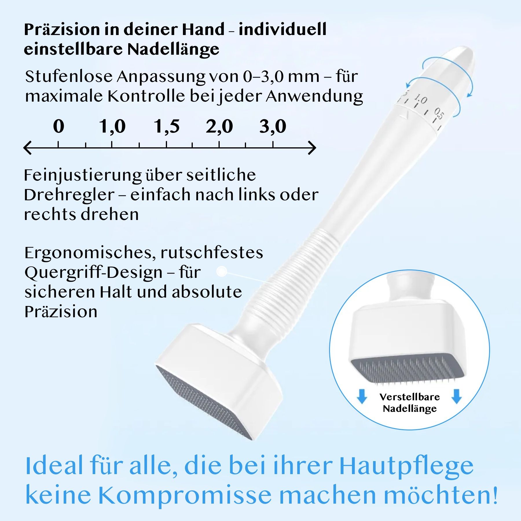 Dispositivo per la cura della pelle bianco con lunghezza dell'ago regolabile da 0-3,0 mm e impugnatura ergonomica.