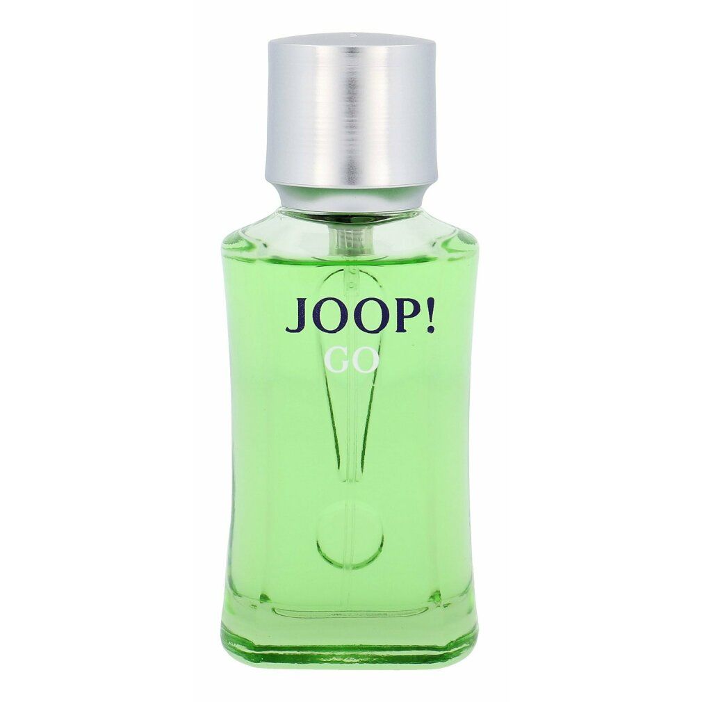 Flacone di vetro verde con tappo argentato. Scritta JOOP! GO. Liquido verde all'interno.