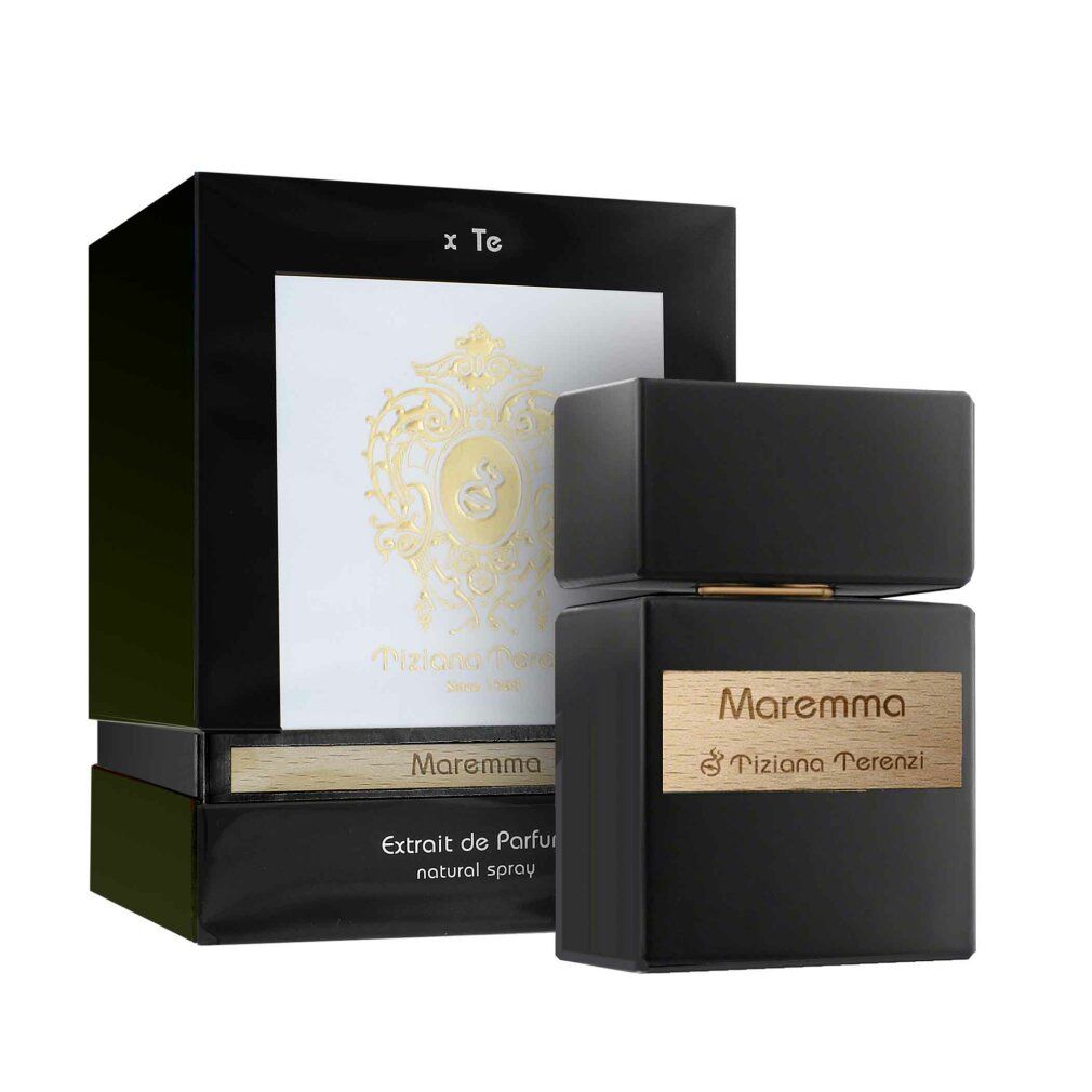 Flacone nero con etichetta in legno e confezione. Scritta: Maremma & Tiziana Terenzi. Extrait de Parfum.