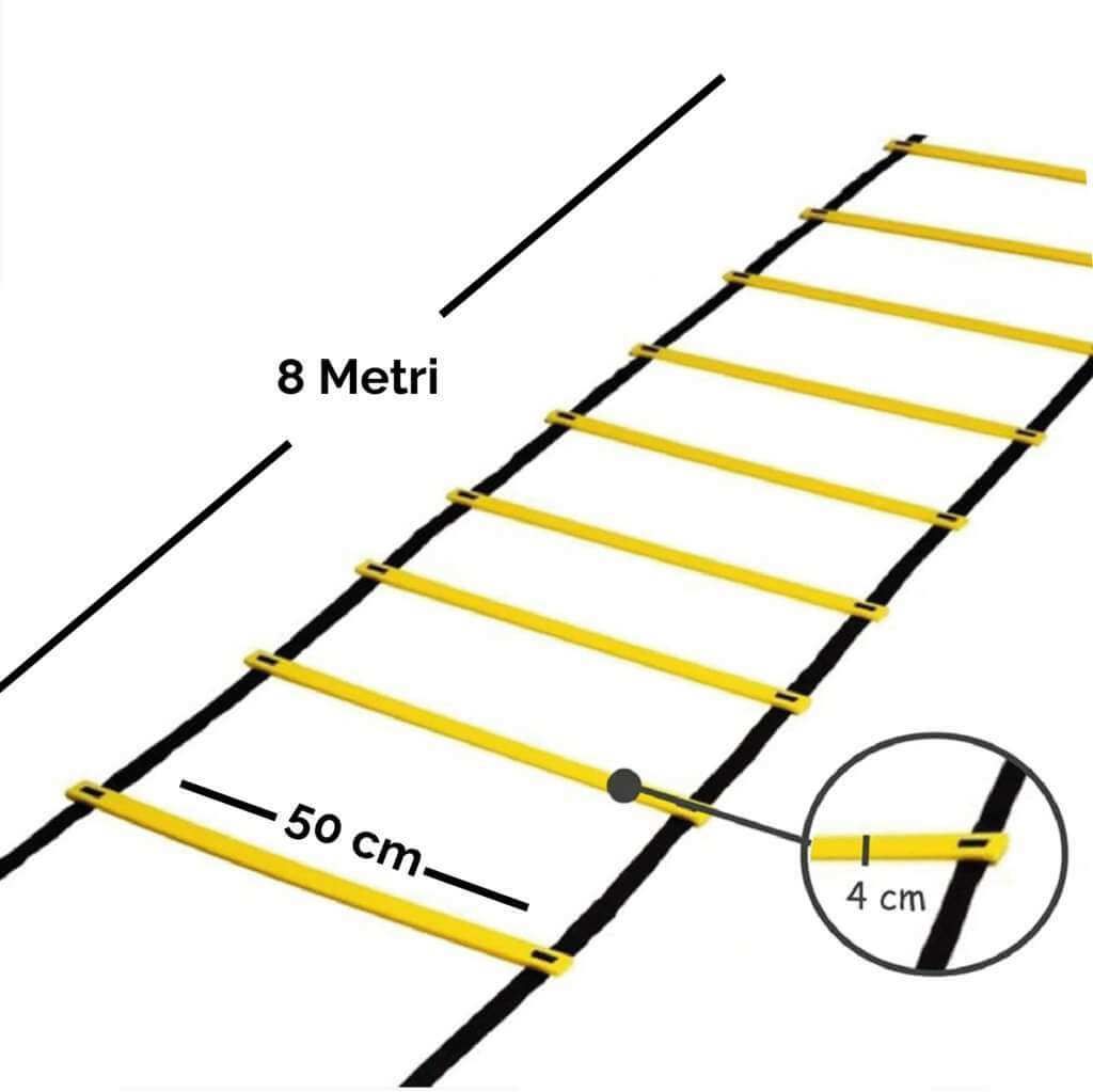 Scala per allenamento con pioli gialli e cinghie nere. Dimensioni: 8 metri, 50 cm larghezza, 4 cm pioli.