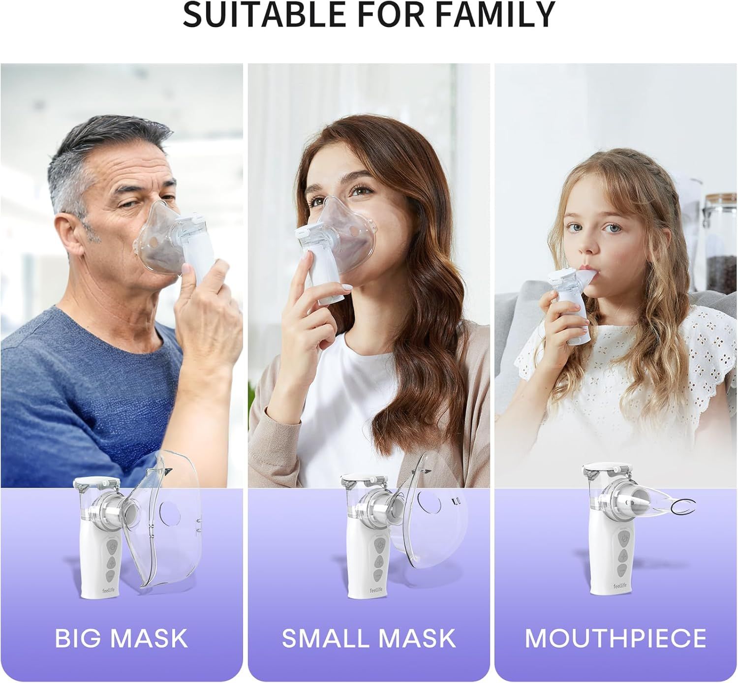 Tre persone con inalatori e maschere. Maschera grande, maschera piccola, boccaglio. Adatto alla famiglia.