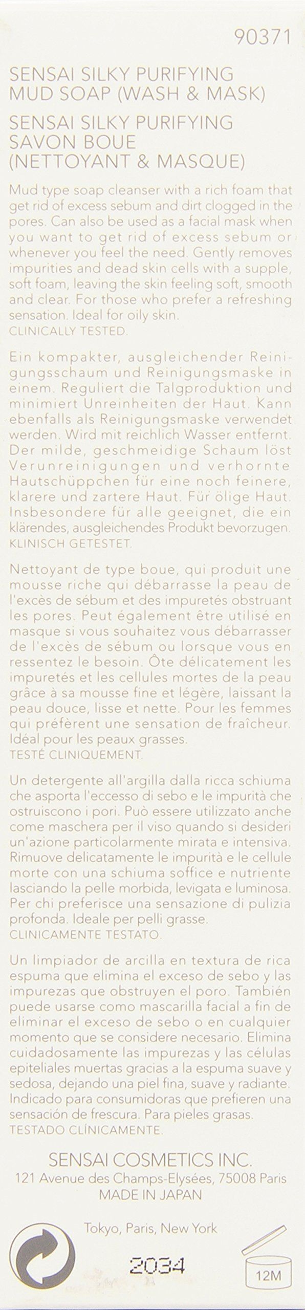 Testo su sfondo bianco. Nome del prodotto: SENSAI SILKY PURIFYING MUD SOAP (WASH & MASK).