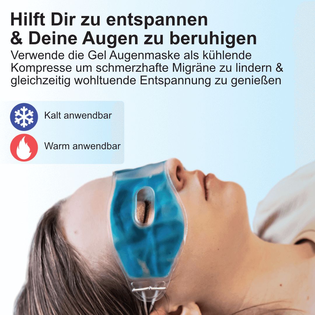 Donna con maschera per gli occhi. Testo: Aiuta a rilassarsi. Applicazione fredda e calda. Maschera per occhi in gel blu.