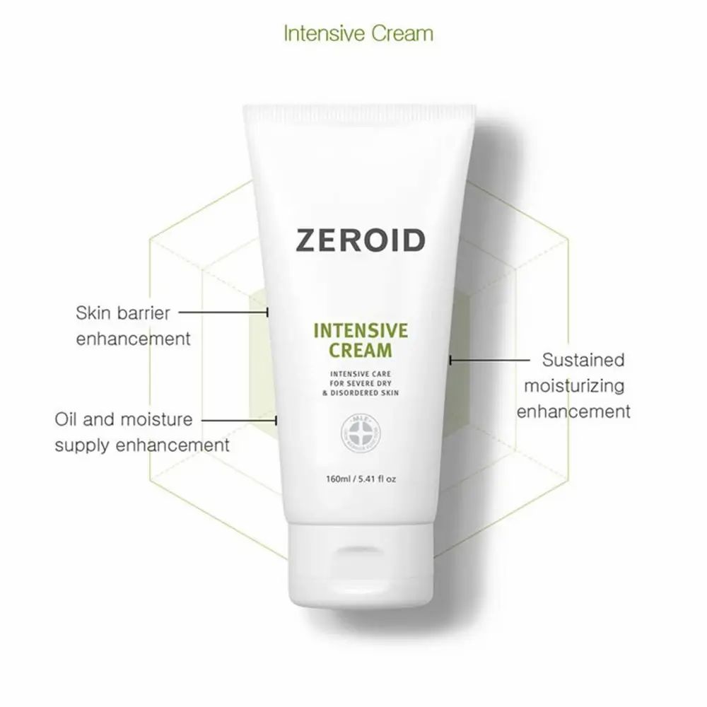 Tubo bianco ZEROID Intensive Cream con testo e diagramma. Testo: Skin barrier enhancement, Oil and moisture supply enhancement.