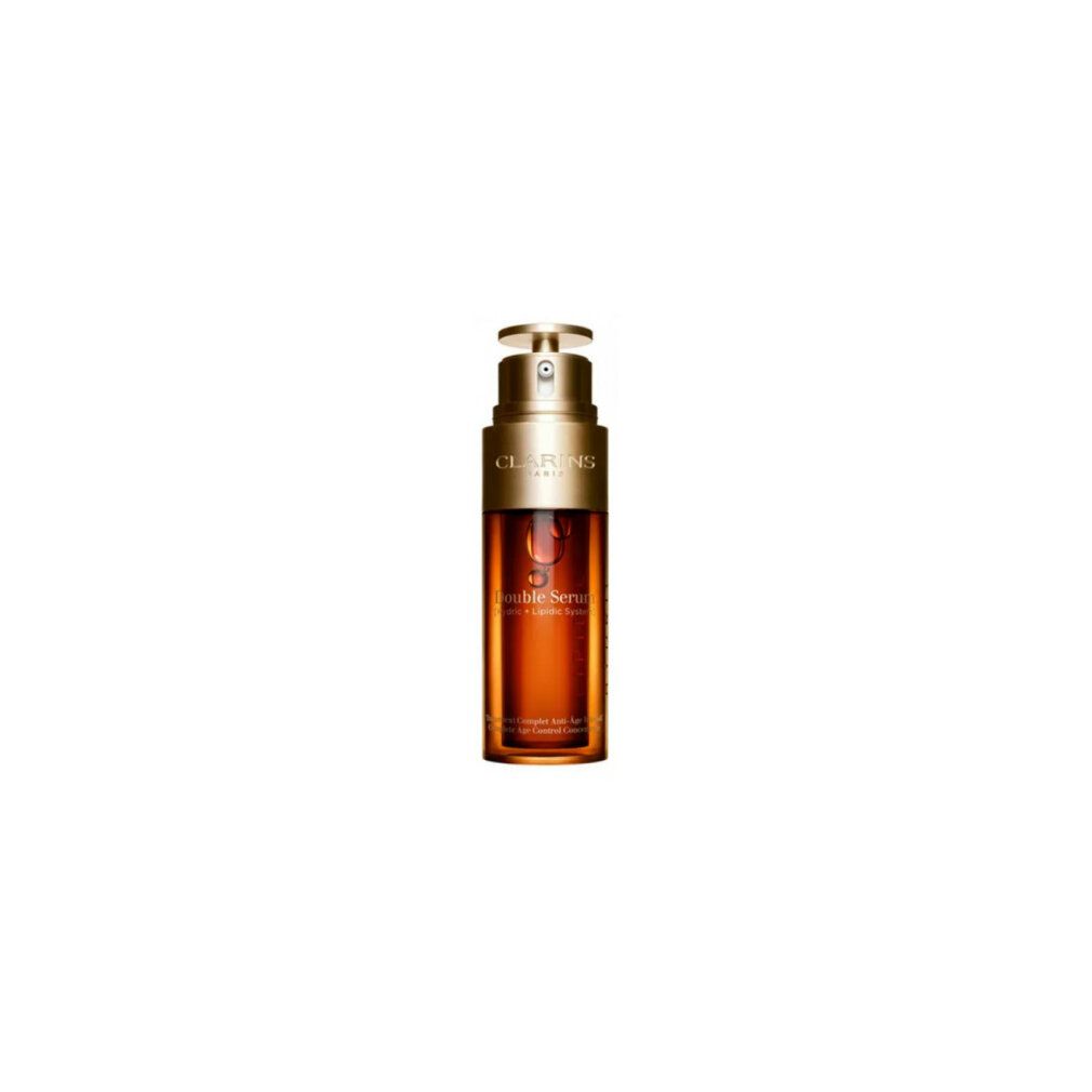 Flacone di siero con dosatore. Liquido marrone visibile. Testo: Clarins, Double Serum, Anti-Age.