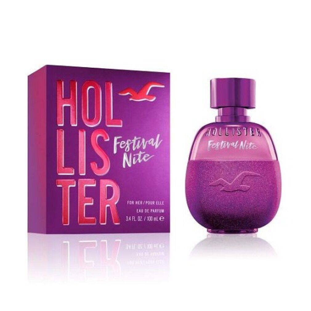 Flacone di profumo e confezione. Confezione viola con scritta 'Hollister Festival Nite'. Flacone glitterato.