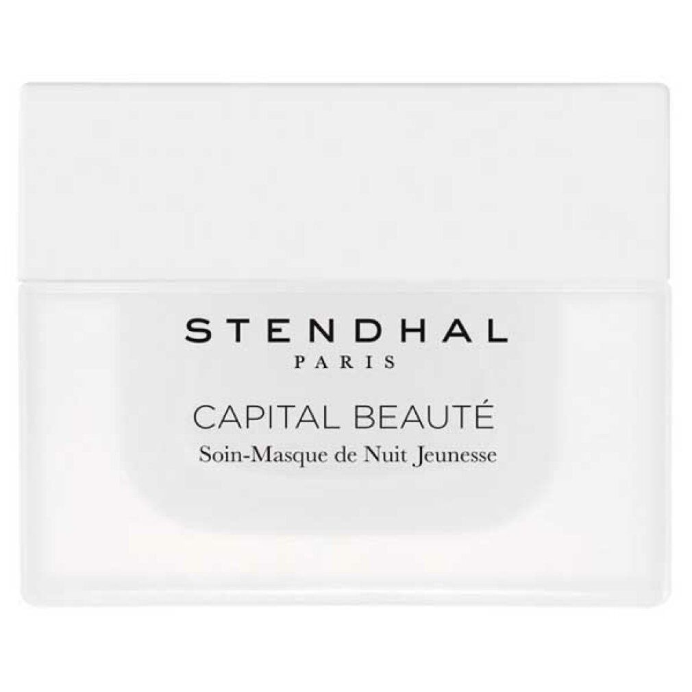 Vasetto bianco con coperchio. Scritta: STENDHAL PARIS, CAPITAL BEAUTÉ, Soin-Masque de Nuit Jeunesse.