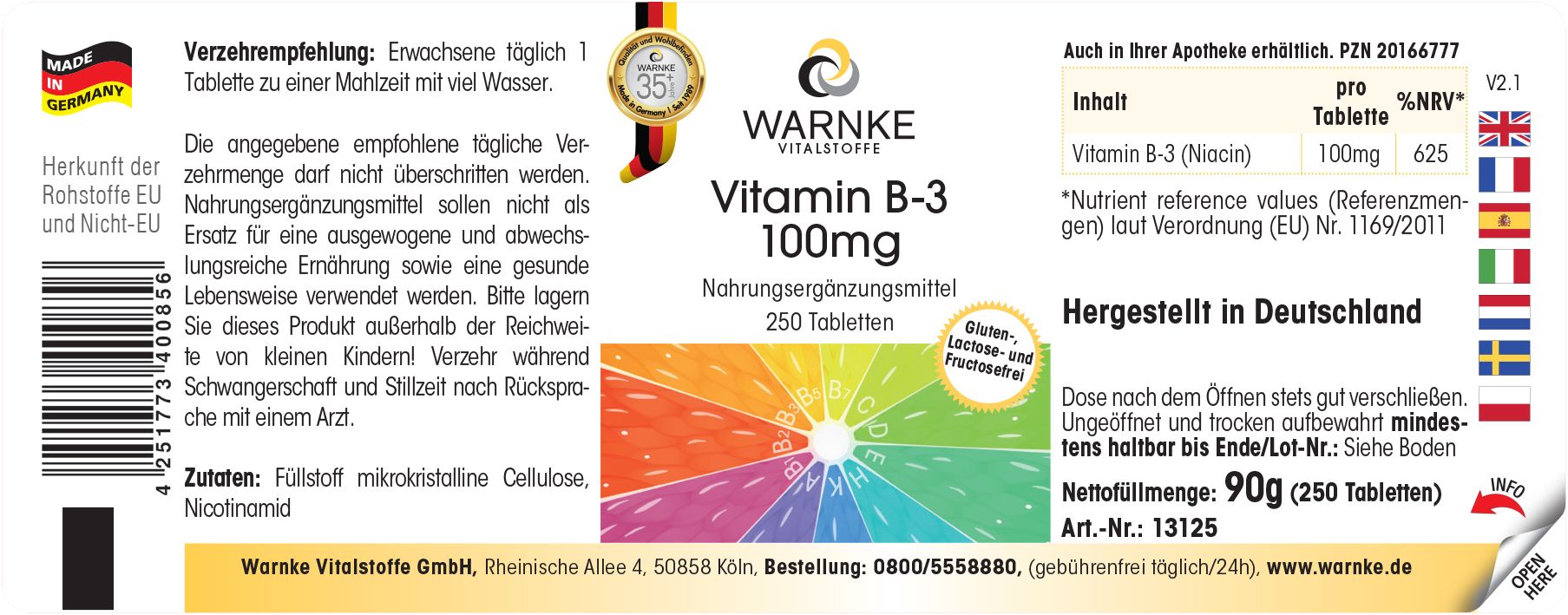 Etichetta con informazioni sul prodotto. Scritta: Vitamina B-3 100mg, 250 compresse. Marchio: WARNKE Vitalstoffe. Prodotto in Germania.