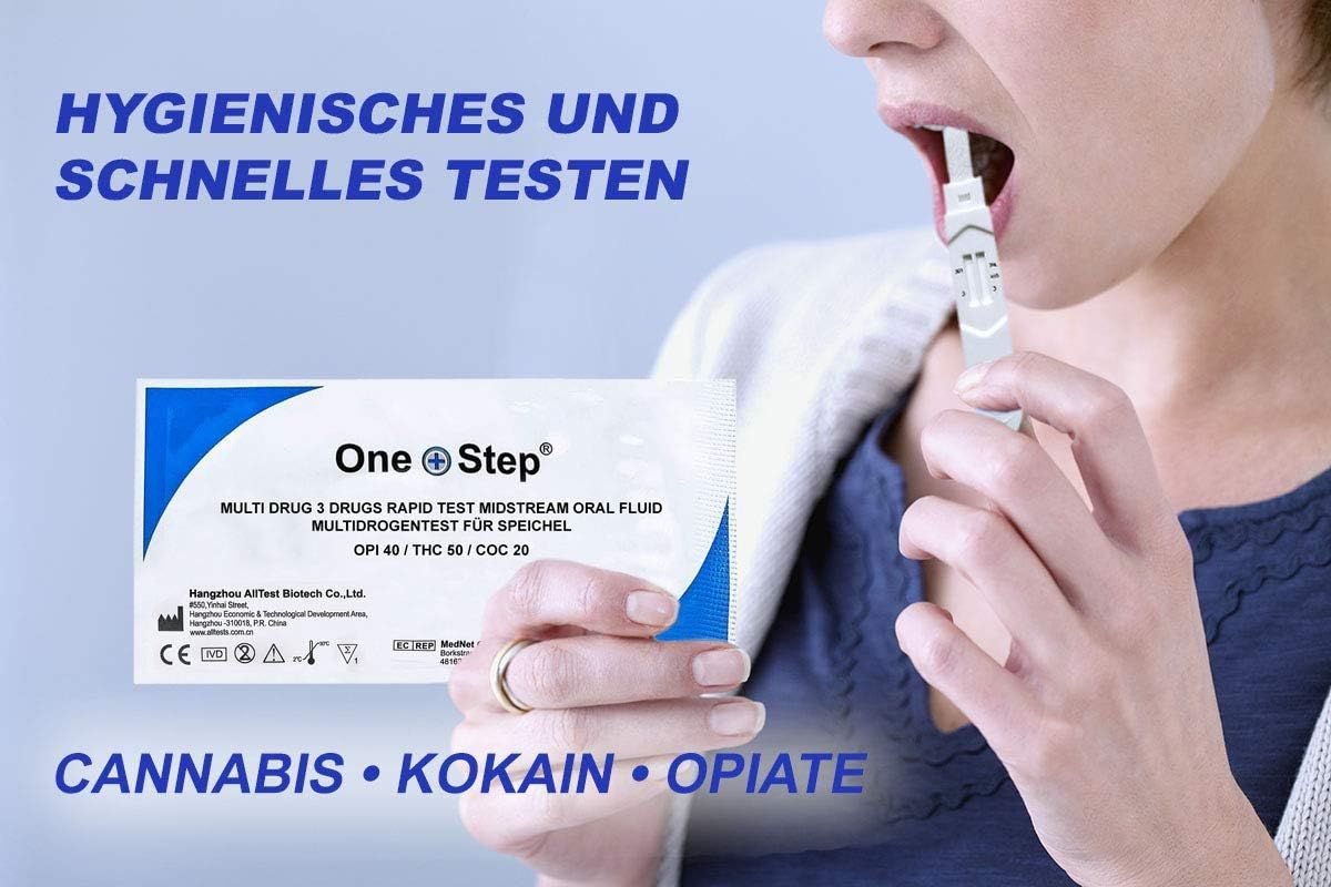 Persona che si sottopone a un test antidroga in bocca. Confezione con nome del prodotto e testo. Scritta: Cannabis, cocaina, oppiacei.