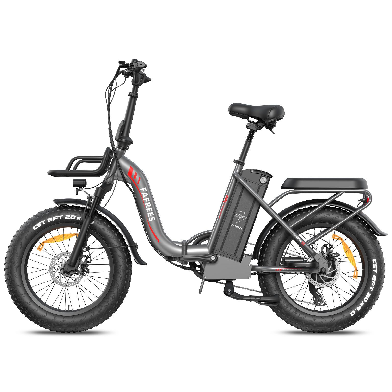 E-bike pieghevole con pneumatici larghi, portapacchi e batteria. Marchio FAFREES. Linea rossa sul telaio.