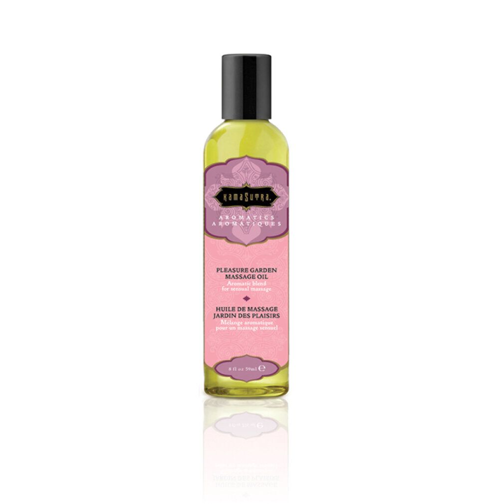Flacone di olio per massaggio Aromatisches Massageöl. Etichetta rosa con testo: Pleasure Garden Massage Oil. Tappo nero. Liquido giallo.