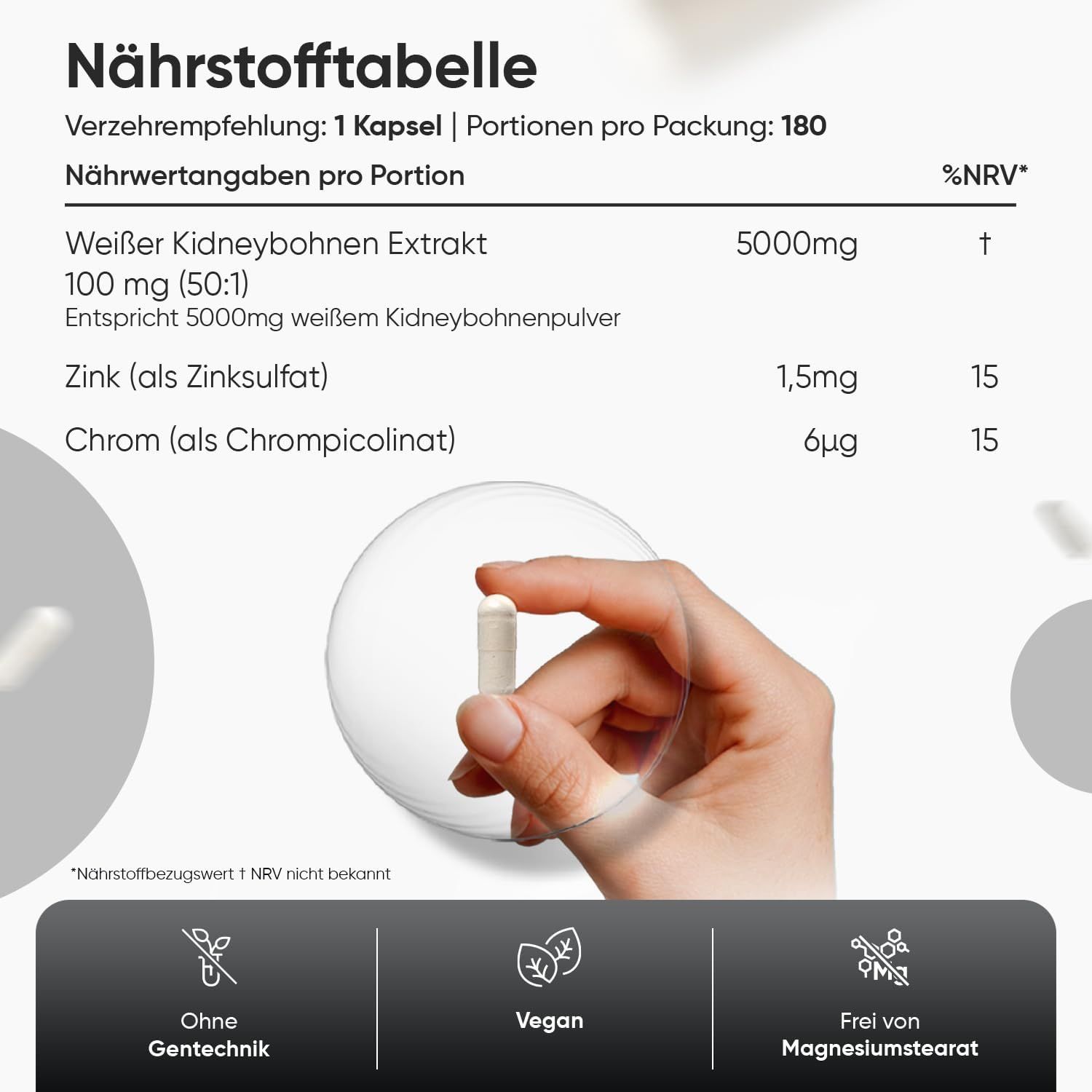 Tabella nutrizionale con informazioni sull'estratto di fagioli bianchi, zinco e cromo. Capsula in mano.