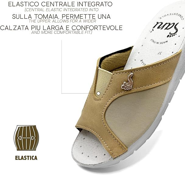 Dettaglio del sandalo Sanì. Tomaia beige, plantare bianco. Testo: 'Elastica'.