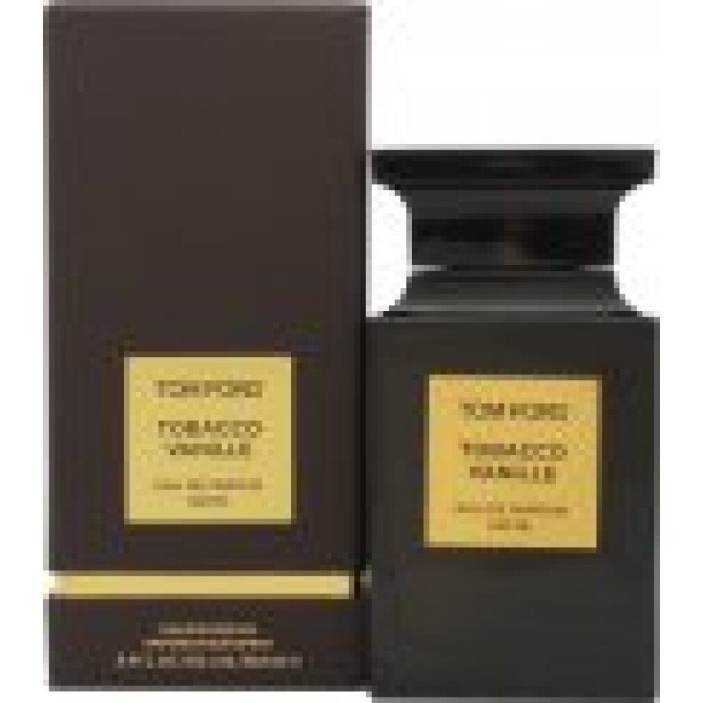 Flacone e scatola rettangolari neri. Etichette dorate con testo. Scritta: TOM FORD, Tobacco Vanille, Eau de Parfum.