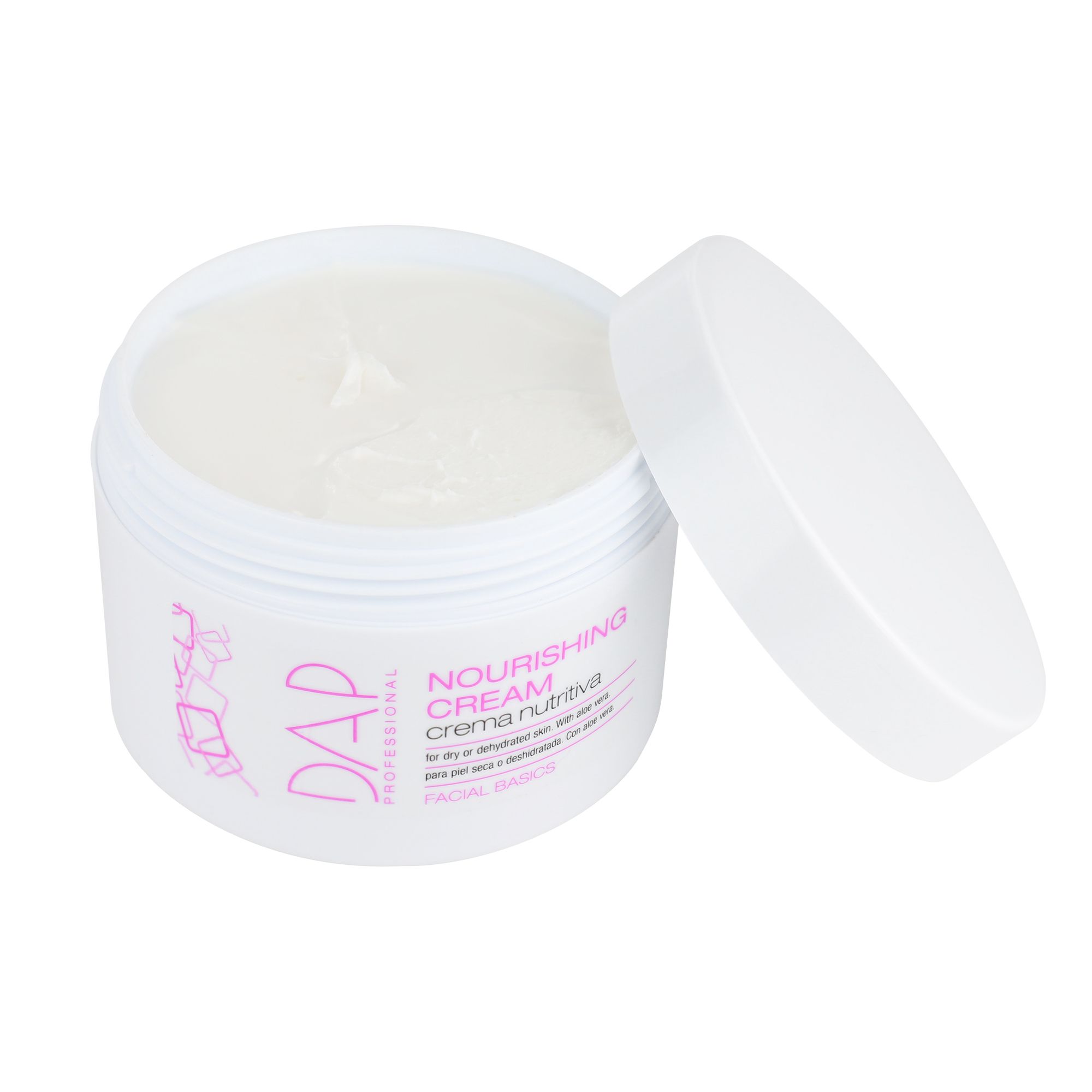Vasetto di Crema Nutritiva DAP Professional, aperto. Crema bianca con aloe vera per pelli secche.