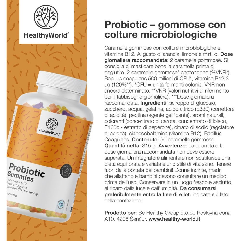 Donna con le braccia aperte. Accanto: Flacone di Probiotic Gummis. Testo: Probiotic Gommose con colture microbiologiche.